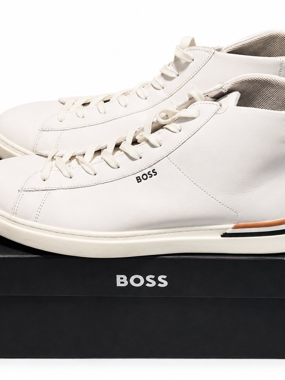 Hugo Boss White Leather High-Top Sneakers with Black and Tan Accents - Picture 3 of 8